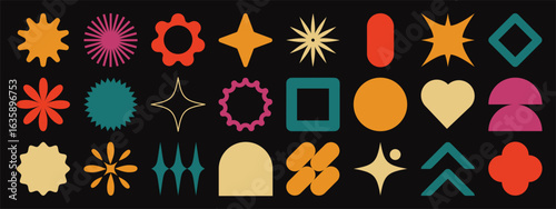 Abstract geometric shapes element vector set. Collection of contemporary figure, flower, star, geometric different. Design element perfect for banner, prints, stickers, decor, icon.