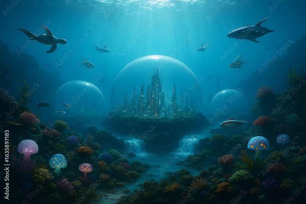 Fototapeta premium A Majestic Underwater City Enclosed in Glass Domes