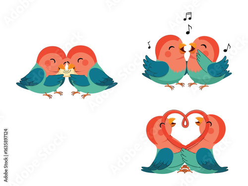 Affectionate Lovebirds' Display: These charming lovebirds in vibrant hues, engage in delightful moments of tenderness. Featuring expressions of friendship, songs of love, and heart-shaped embrace. 