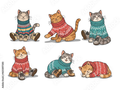 Cozy Kitties in Sweaters: A delightful collection of adorable kittens, each dressed in a vibrant knitted sweater, exuding warmth, comfort, and a sense of playful charm.