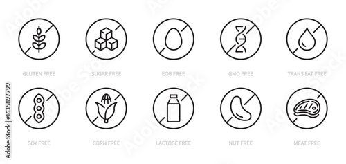 Allergen free black icon set. Gluten free, sugar free, egg, gmo, trans fat, soy, corn, lactose, nut, meat symbol. Allergen food and products sign. Vector illustration. Editable stroke. Flat design.