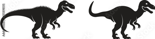 Dinosaur icon set, black vector collection of prehistoric reptile group in flat style T-Rex raptor cartoon dino ancient animal silhouette and outline fossil isolated on transparent background