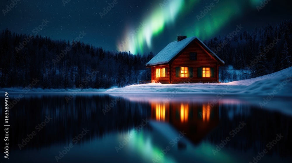 Fototapeta premium Cozy cabin, aurora borealis, winter lake, serene night