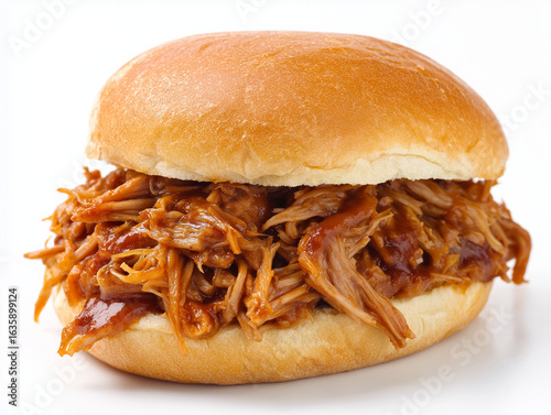 Striking close-up of a pulled pork sandwich, cinematic, sauce glistening, white background, full HD.