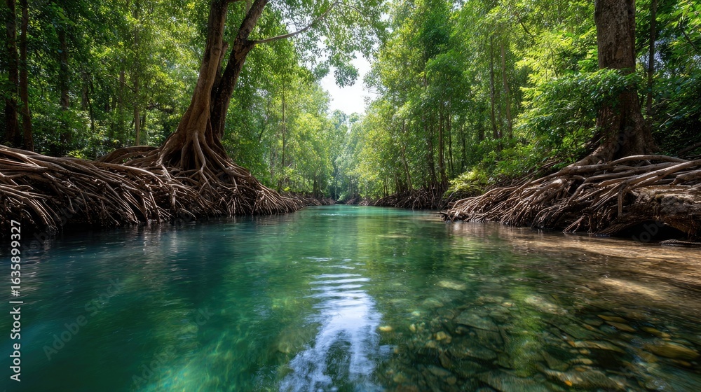 Obraz premium Lush jungle river with exposed tree roots.