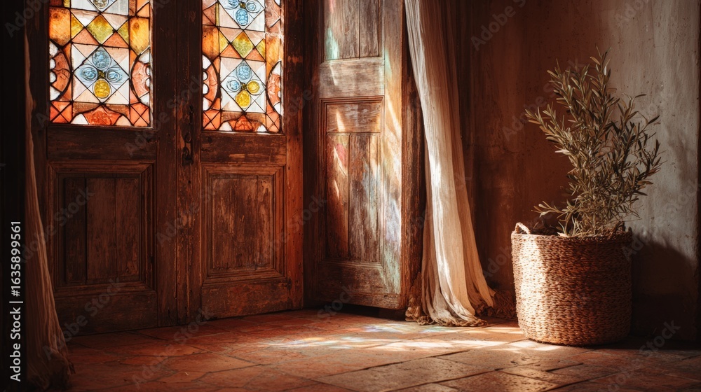 Obraz premium Sunlit rustic room with stained glass door and woven basket plant.