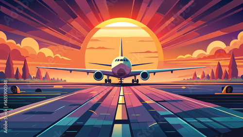 
very beautiful 
A plane is landing on a runway during a stunning sunset, with the sun positioned directly behind the aircraft