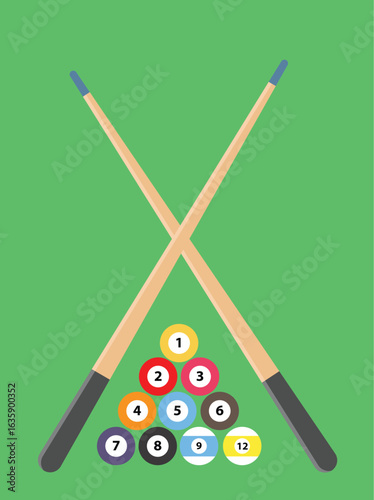 Billiard balls racked in a triangle formation with two crossed pool cues on a green background.