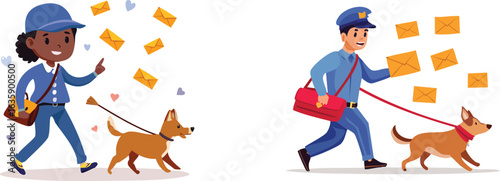 mail carriers with dogs delivering letters, Postman and postwoman character set vector illustration