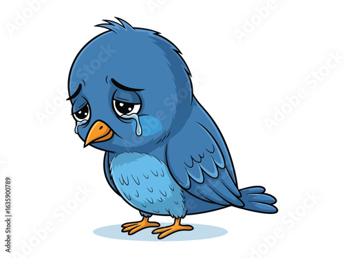 Solitary Bird’s Lament: A poignant illustration capturing a sorrowful, blue bird shedding tears, evoking empathy and emotional depth in a minimalist, digital art style.
