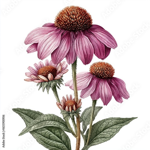 Purple coneflower (Echinacea purpurea) spiky central disc with drooping petals, hairy stem. Vintage botanical illustration of the plant on white background
