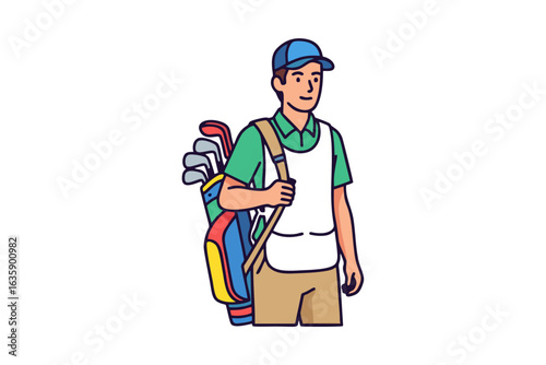 Flat-color vector image of a caddy holding a golf bag, clean and colorful illustration