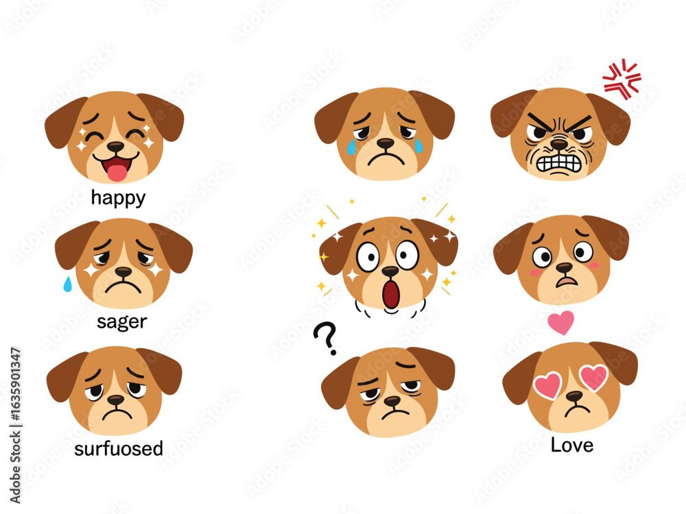 Expressive Canine Collection: A vibrant display of illustrated dog emojis, each showcasing a distinct emotion, capturing the gamut of feelings from joy to confusion with colorful charm. Expressive Canine Collection: A vibrant display of illustrated dog emojis, each showcasing a distinct emotion, capturing the gamut of feelings from joy to confusion with colorful charm.