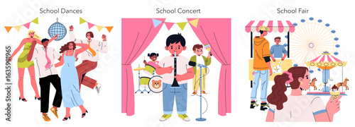 School Events Illustration: Dance, Concert, Fair Scenes