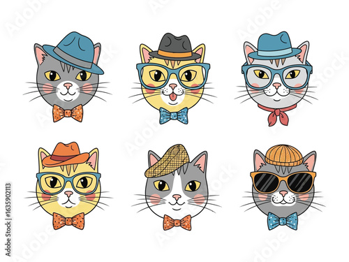 Stylish Cat Collection: A curated selection of artistically rendered cat illustrations, each cat displaying a unique personality through fashionable accessories like hats, glasses, and bow ties.
