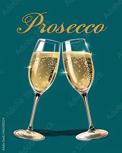 Two glasses of sparkling prosecco – elegant Italian sparkling wine, celebratory drink on teal background