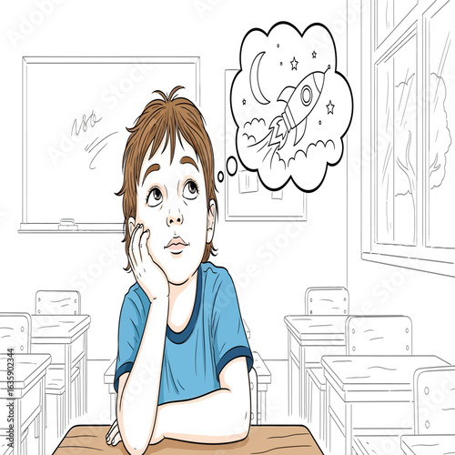 A young student dreams of space exploration, imagining a rocket ship flying to the moon and stars in a classroom setting, full of inspiration and creativity