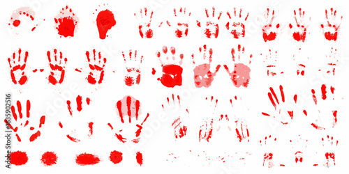Collection of red handprints and blood splatters on a white background
