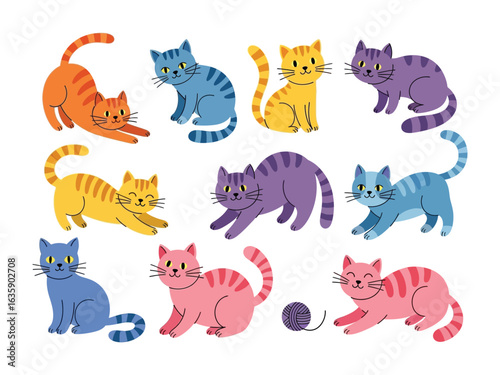Playful Cats Collection: A delightful array of vibrant, cartoon cats, each displaying unique colors and poses. Capturing the essence of feline charm in a lighthearted illustration.