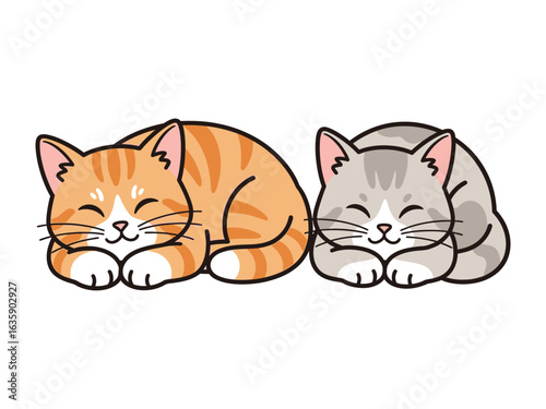 Dreamy Duo: A charming illustration showcasing two adorable kittens cuddled up, peacefully asleep, their faces radiating serene contentment, the epitome of tranquility.