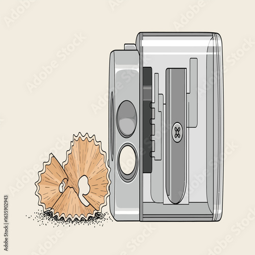 Pencil sharpener with shavings, a tool for sharpening pencils, often used in schools and offices, with a clear plastic container for collecting waste