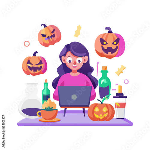 A woman is working on her computer with halloween pumpkins isolated on white background