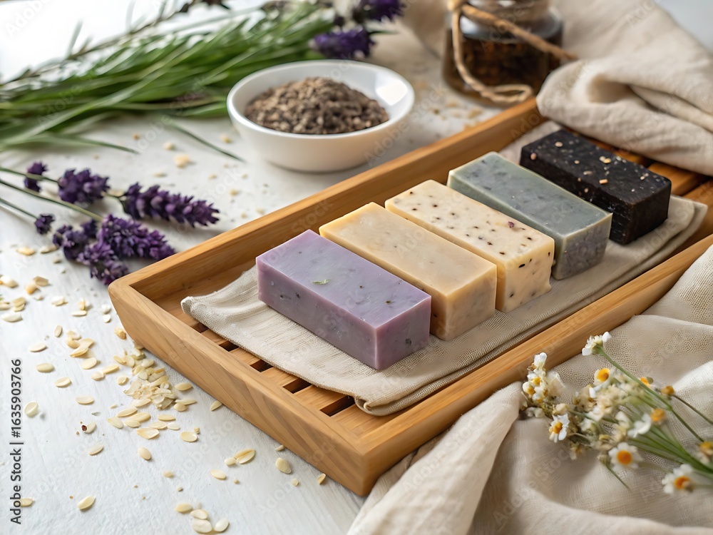 Artisan soaps with lavender and natural ingredients on a wooden tray Artisan soaps with lavender and natural ingredients on a wooden tray
