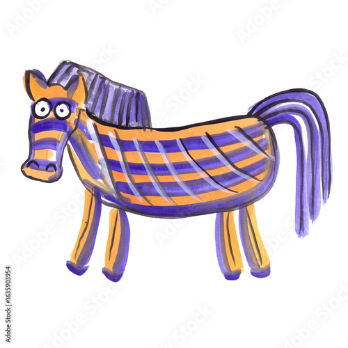 Horse, mare, pony, foal, trotter, nag are galloping, trotting, jumping, standing, looking with curiosity. Gouache painting in children's style. Funny characters, bright colours.