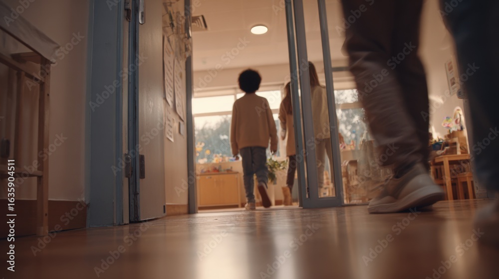 Fototapeta premium Focused medium shot of a child crossing the threshold of a calm softly lit clinic playtherapy staff out of focus showcasing immediate mental wellbeing care.