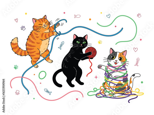 Whimsical Feline Fun: Playful cats, each with unique personalities, engage in a lively yarn-filled adventure, embodying the lightheartedness of a cat's world.