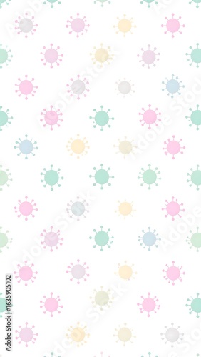 A soft and minimalist seamless pattern of abstract pastel-colored virus cells or sunburst shapes on a clean white background.