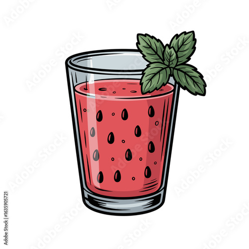 Hand-drawn illustration of a glass of watermelon juice with mint leaves