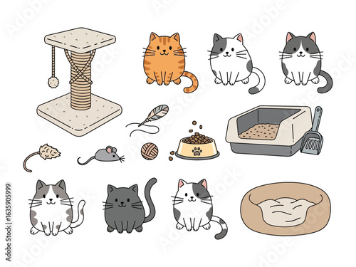 Feline Comforts: A curated collection of adorable feline companions with associated cat accessories, set against a pristine backdrop, celebrates the playful essence of these cherished pets.