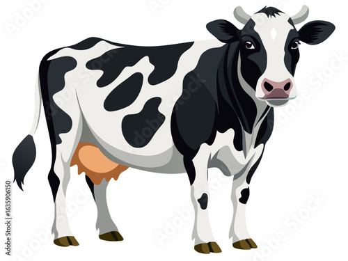 Charming Holstein cow stands patiently showcasing its iconic black and white spotted coat and healthy udder.