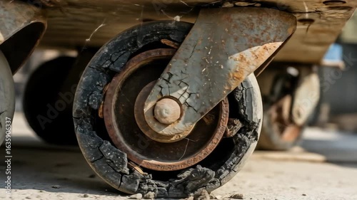 Close-up of Damaged and Cracked Industrial Wheels