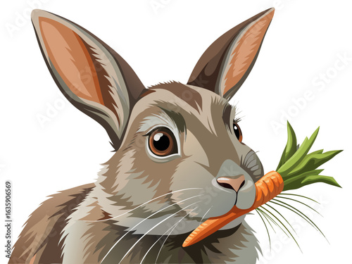 Adorable rabbit with big ears happily nibbling a fresh carrot, perfect for springtime and nature themes.