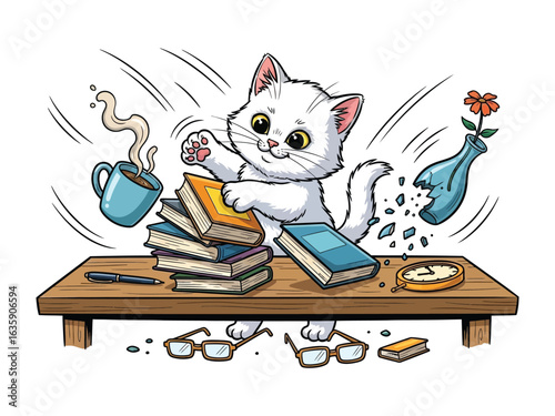 Cute cat's Chaos: A cute cartoon kitten is in the midst of creating adorable chaos and accident with objects around him.