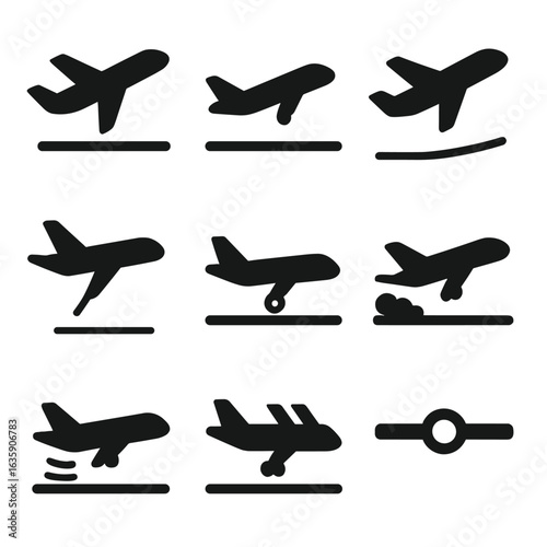 Airplane Icons Phases. Solid style icons of takeoff and landing phases: nose-up takeoff icon, runway acceleration, aircraft