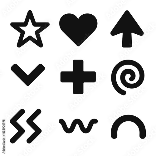 Geometric Line Icons. Solid style icons of geometric line-based forms: star, heart, arrowhead, chevron, cross, spiral, zigzag,