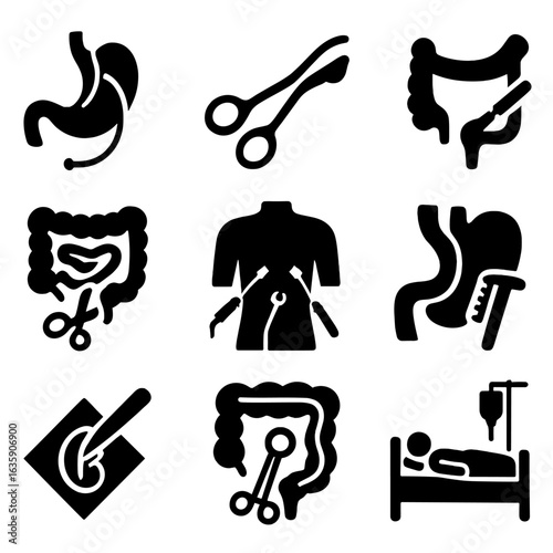 Digestive Surgery Icons. Solid style icons of surgical digestive care: gastric bypass icon, hernia repair tool, appendectomy