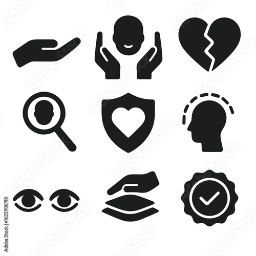 Trauma-Informed Care Icons. Solid style icons of trauma-informed care: soft approach icon, trauma healing hands, broken-to-whole