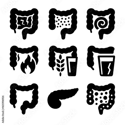 Digestive Disease Icons. Solid style icons of common digestive diseases: Crohn’s disease symbol, ulcerative colitis icon, IBS