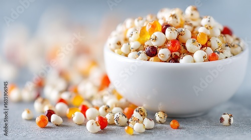 Bowl of colorful, white-dotted popping sorghum and loose grains on gray backdrop