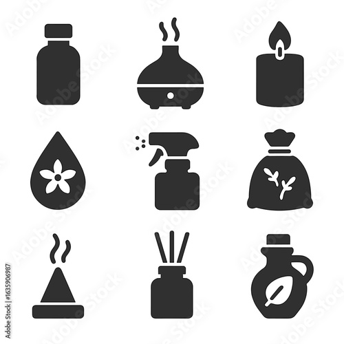 Aromatherapy Icon Collection. Solid style icons of aromatherapy and scent: essential oil bottle, diffuser with steam, scented
