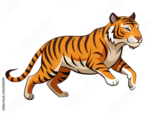 Dynamic orange tiger prowling with powerful stride and striking stripes, ready for action
