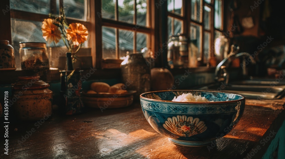 Fototapeta premium Bowl of rice on wood counter in a rustic kitchen bathed in warm light