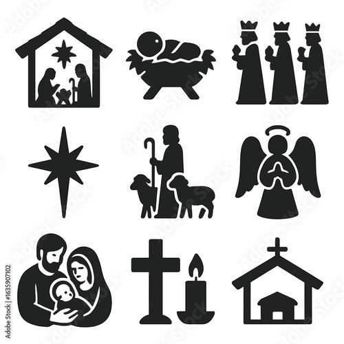 Nativity Scene Icons. Solid style icons of nativity and Christian Christmas: nativity scene, baby Jesus in manger, three wise men,