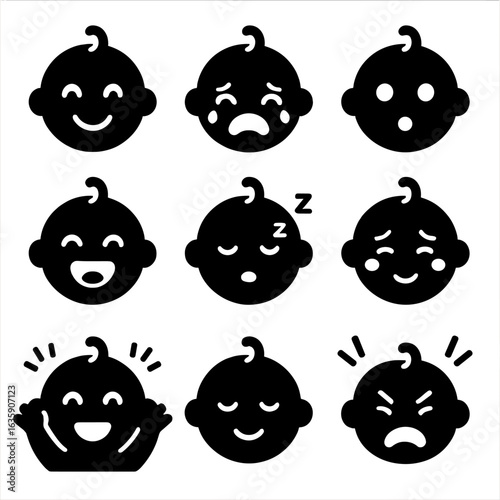 Baby Emotion Icons. Solid style icons of baby emotions: smiling baby icon, crying face, surprised baby, giggling baby, sleepy baby