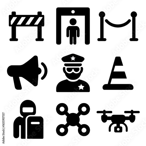 Security Icons Collection. Solid vector icons of security and crowd control: safety barricade icon, security checkpoint, metal