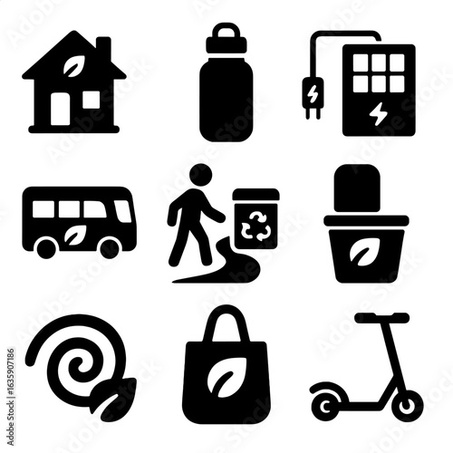 Eco Travel Essentials. Solid vector icons of eco travel: eco-certified lodge, reusable water bottle, solar travel charger,